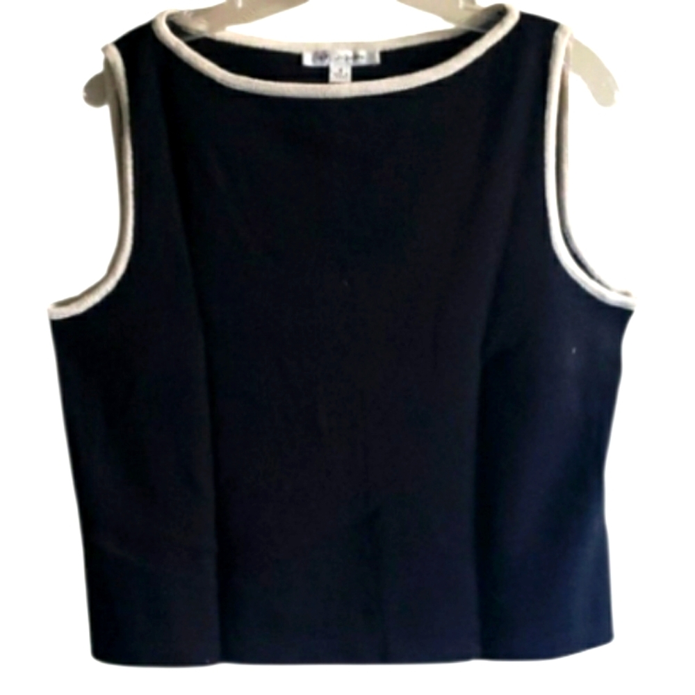 St. John Scoop Neck Knit Tank Top Blouse Black Cream Size Medium